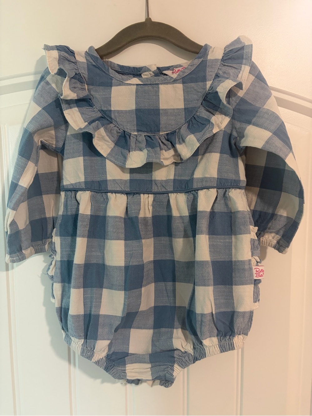 Ruffle Butts Blue and White Gingham Ruffle-Trim Romper